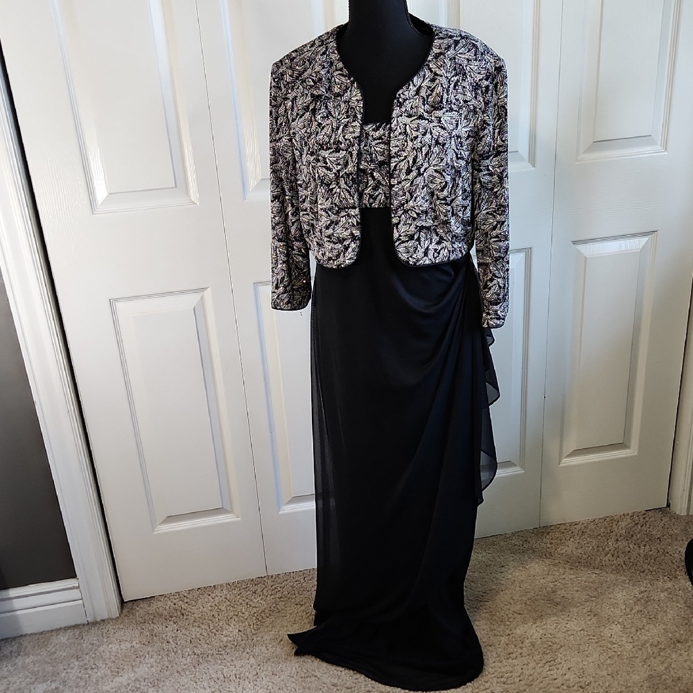 VTG Alex Evenings Black Beaded Maxi Dress & Jacket‎ Set 12/14 LG Elegant Sparkle